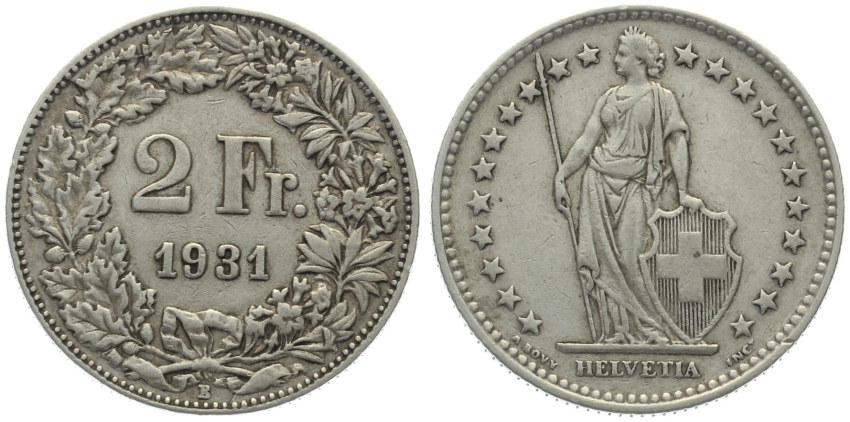 2 Franken 1931 B - Stempelriss Werseite 10 Uhr